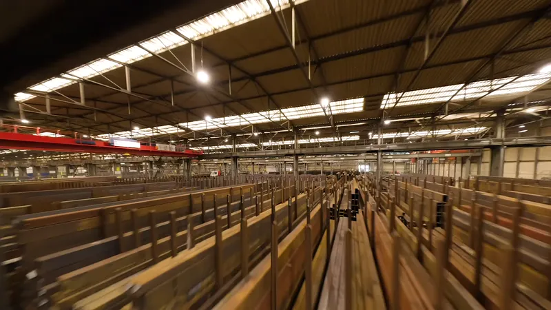 Standbild aus dem Film für Carl Spaeter: eine lange Lagerhalle voller Stahlträger unter einem Oberlichtdach.